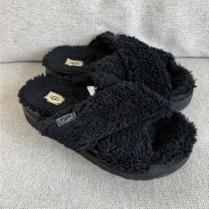 UGG Black Plush Cross-Band Slide Slippers